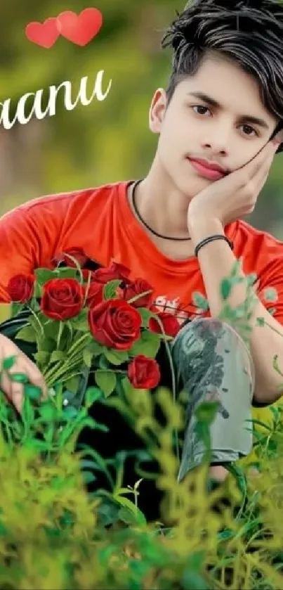 Young man with roses in a green setting.
