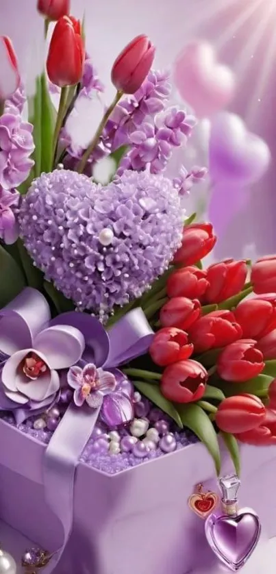 Romantic phone wallpaper with red tulips and purple heart bouquet.