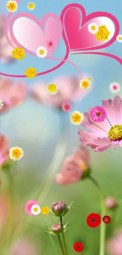 Romantic phone wallpaper with pink flowers and heart motif.