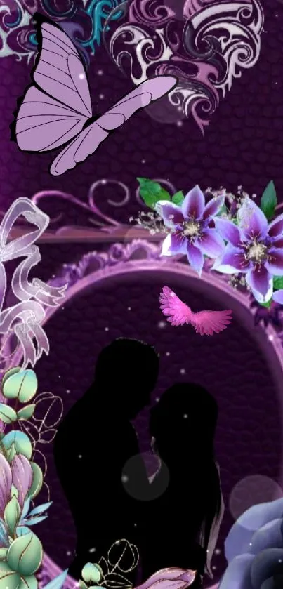 Romantic purple wallpaper with flowers and silhouette couple.