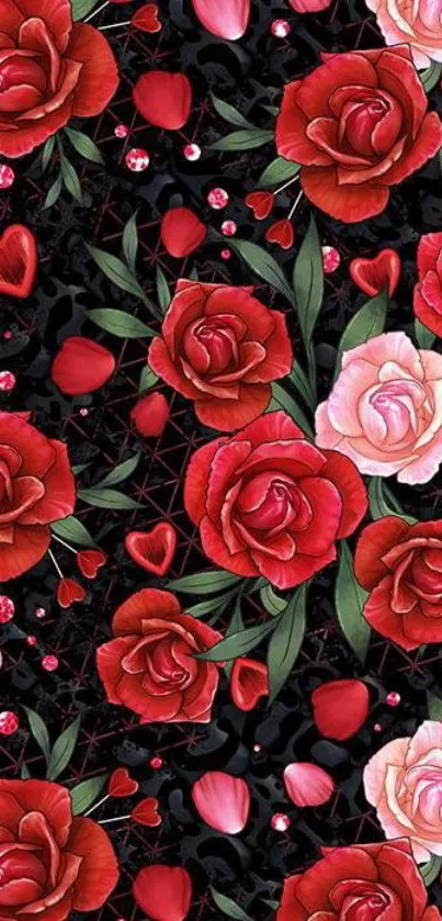 Red and pink roses on black background pattern wallpaper.