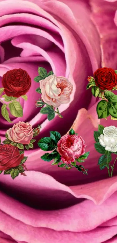 Beautiful floral wallpaper featuring pink roses with lush green leaves.