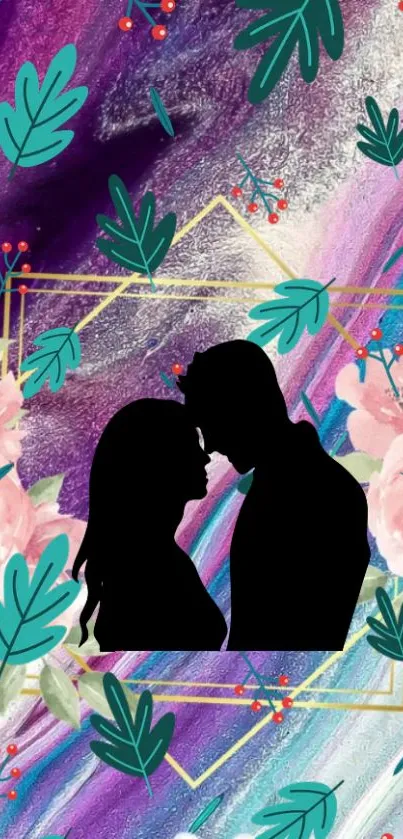 Romantic silhouette with floral accents on a purple abstract background.