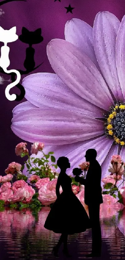 Romantic silhouette and purple flower on mystical wallpaper.