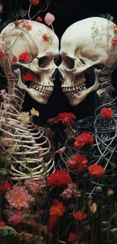 Two skeletons with floral accents on a dark background, expressing romance and mystery.