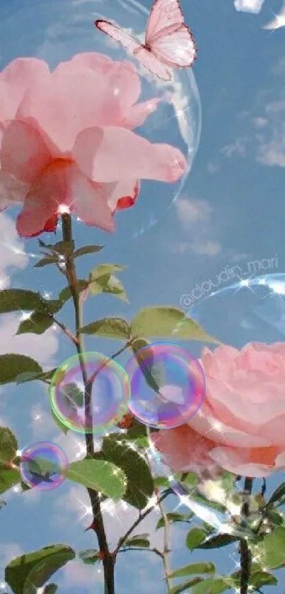 Pink roses with butterfly in a vibrant blue sky wallpaper.