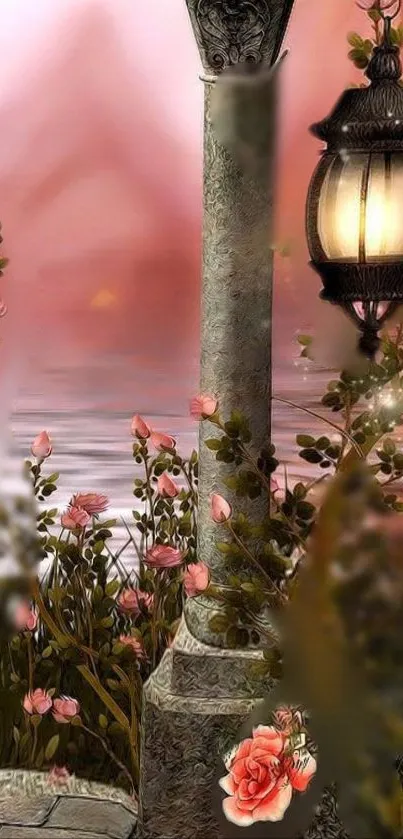 Romantic wallpaper with roses, sunset, and vintage lantern.