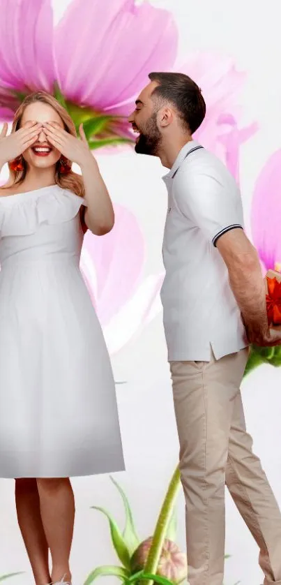 Couple in white with pink flowers, romantic theme wallpaper.