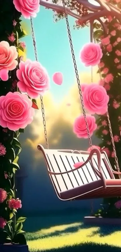 Floral swing with pink roses in a serene garden setting.