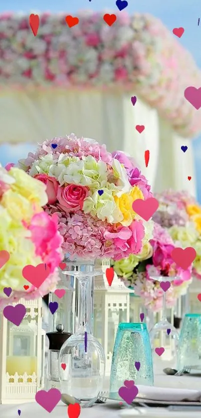 Romantic floral table with colorful hearts.