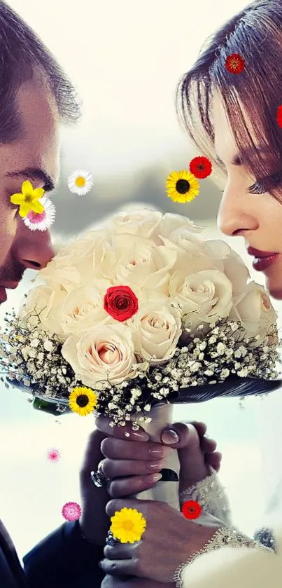 Romantic wedding scene with flowers and couple.