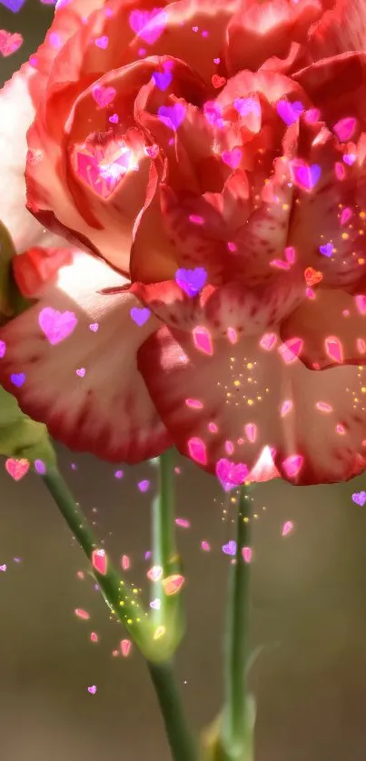 Red carnation with colorful hearts overlay.