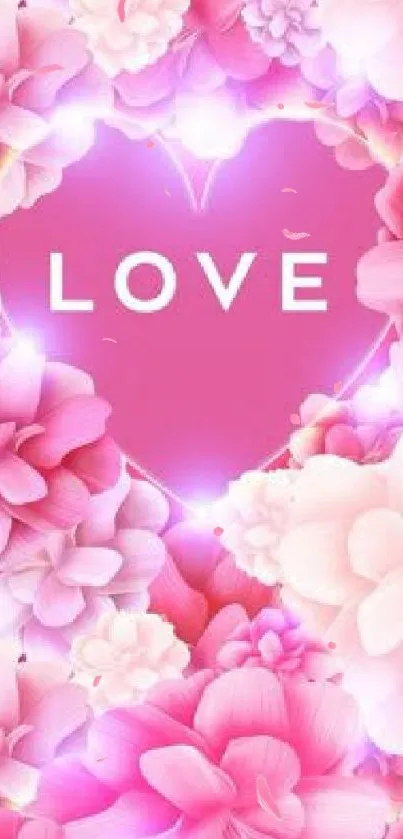 Romantic pink flower heart wallpaper with love.