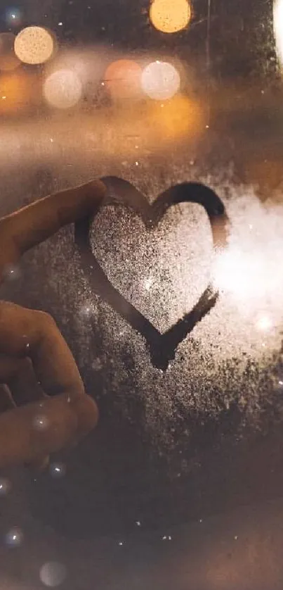 Heart drawn on foggy window with bokeh lights.