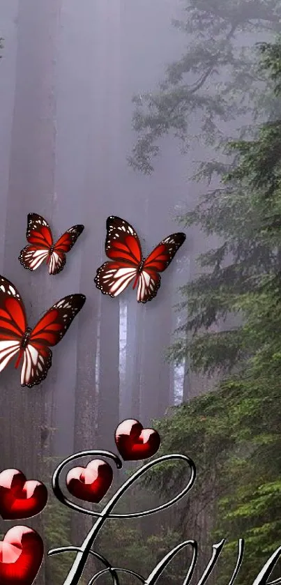 Red butterflies and hearts in a lush forest wallpaper.