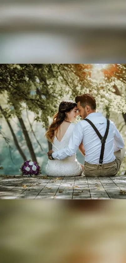 A couple sharing a romantic moment in a sunlit forest setting with lush greenery.