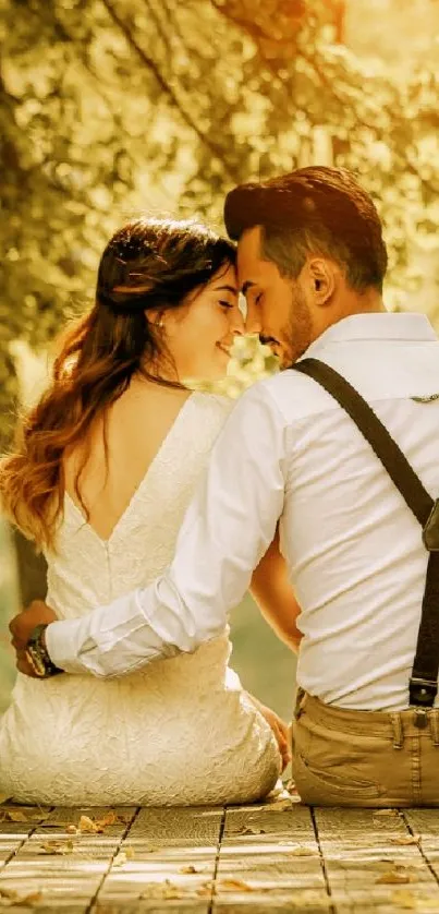 Romantic couple in forest setting, warm sunlight filtering through trees.