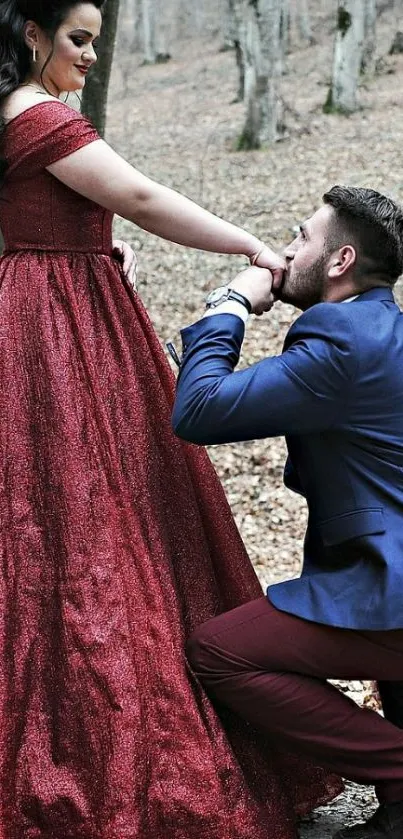 Elegant couple in forest proposal setting.