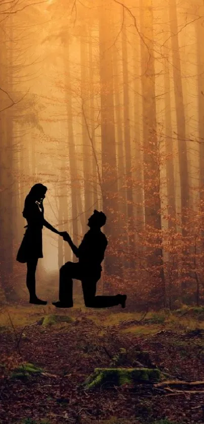 Silhouette proposal in an autumn forest with warm, glowing light.