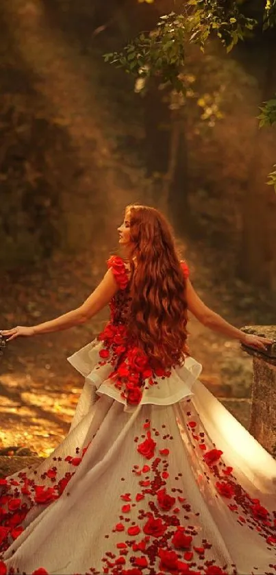 Woman in red floral dress stands in mystical forest.