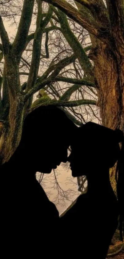 Silhouette of a romantic couple against a forest background.