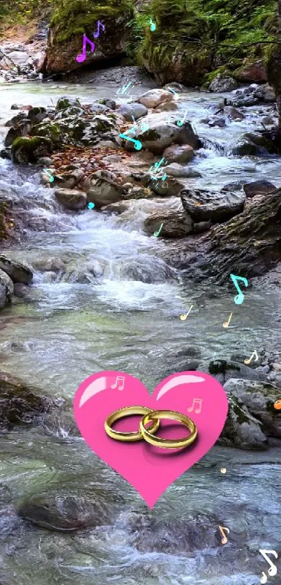 Romantic forest stream with pink heart symbol wallpaper.