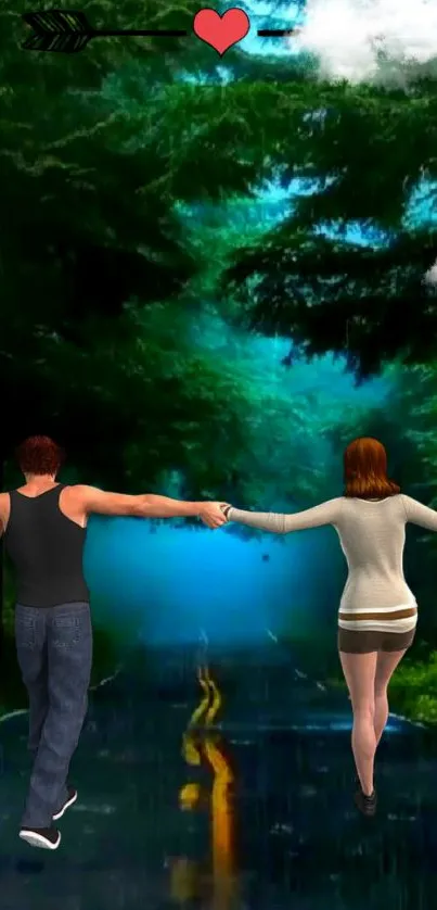 Couple walking hand in hand through a lush, mystical green forest.