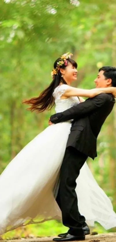 Wedding couple embracing in forest setting.