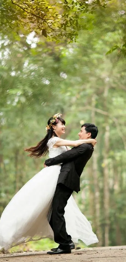 Romantic couple embracing in a forest wedding scene.