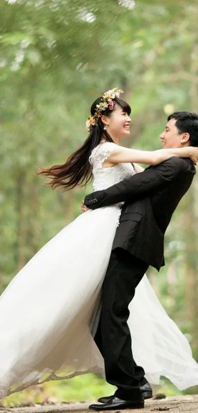 A romantic couple in wedding attire amidst forest greenery.