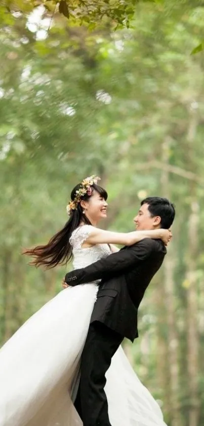 Romantic couple embracing in a forest.