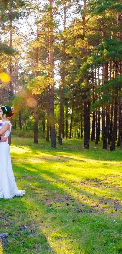 Bride and groom in sunlit forest setting during wedding.