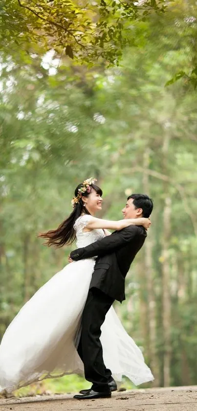 A couple in wedding attire embracing in a lush green forest.