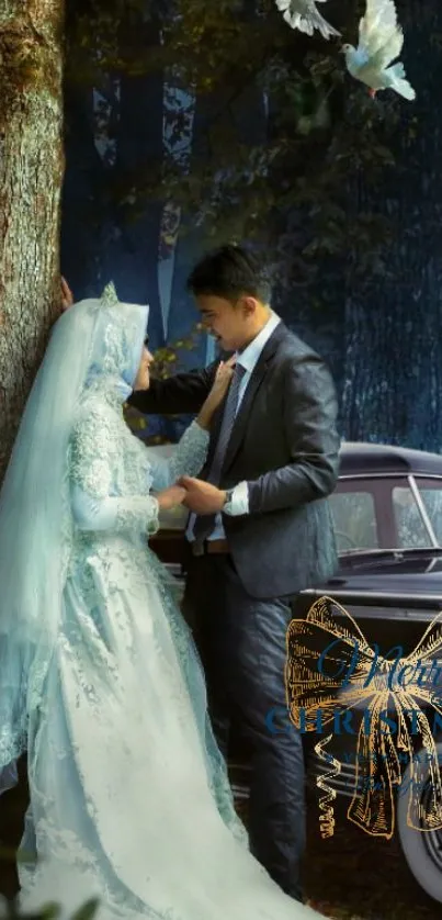 Romantic wedding in a forest setting with vintage car backdrop.