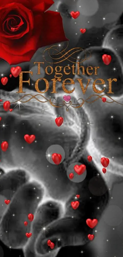 Romantic 'Together Forever' wallpaper with hearts and a red rose design.