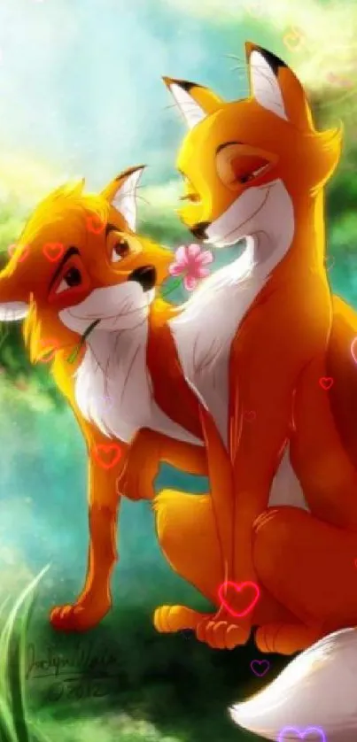 Romantic fox couple in vibrant forest art.