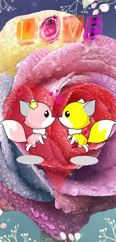 Romantic fox couple with vibrant roses in a love-themed phone wallpaper.