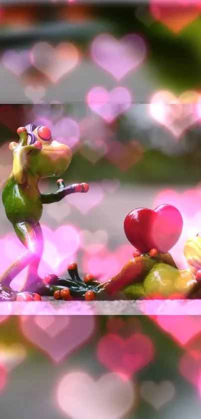 Playful frogs with hearts and bokeh.