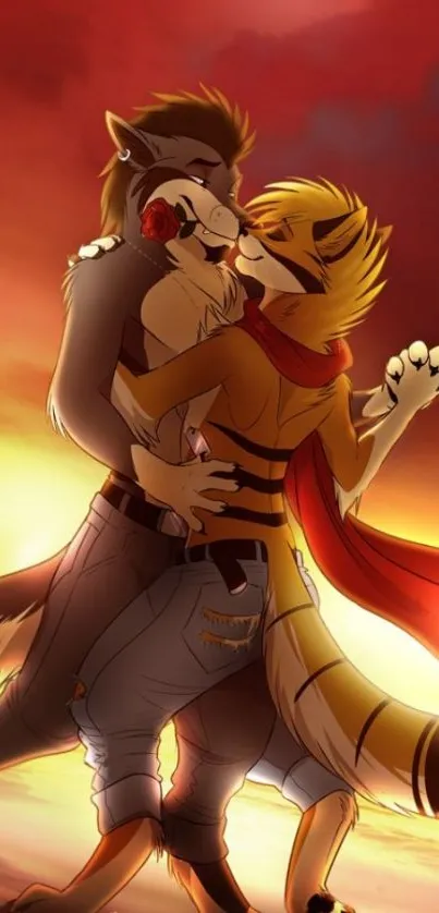 Furry characters embrace at sunset in a passionate, artistic mobile wallpaper.