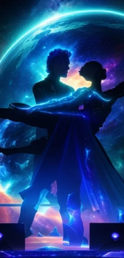 Silhouette of dancers against a cosmic backdrop with vibrant blue hues.