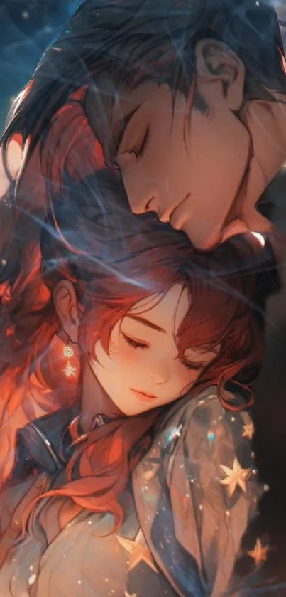 Romantic couple under a starry galaxy sky in an artistic mobile wallpaper.