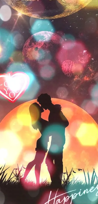 Silhouetted couple in love beneath a cosmic galaxy with planets.