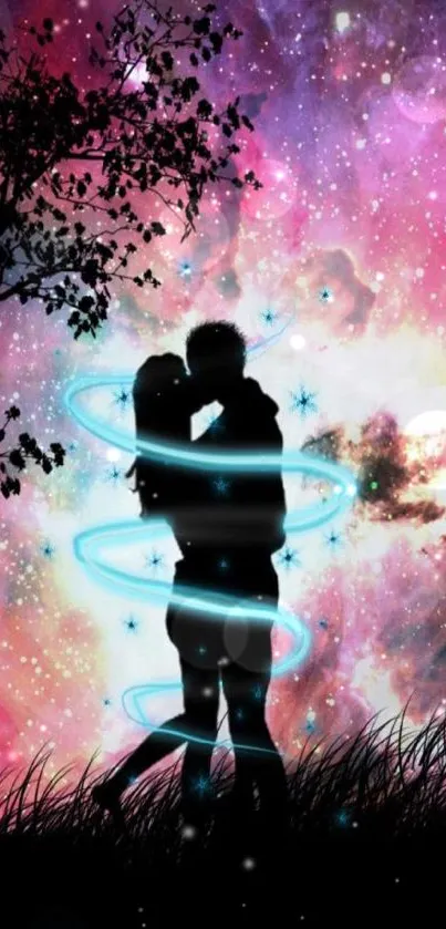 Silhouette couple kissing under a pink galaxy sky with stars.