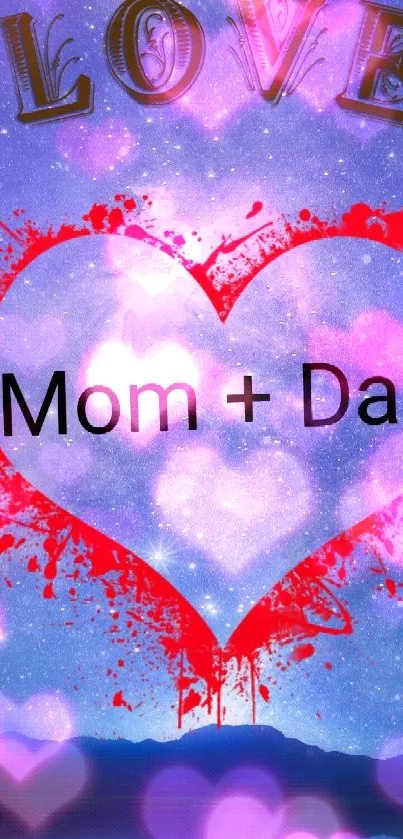 Romantic galaxy wallpaper with a red heart and 'Mom + Dad' text.