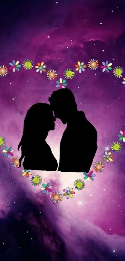 Silhouette couple in heart galaxy wallpaper with purple nebula.