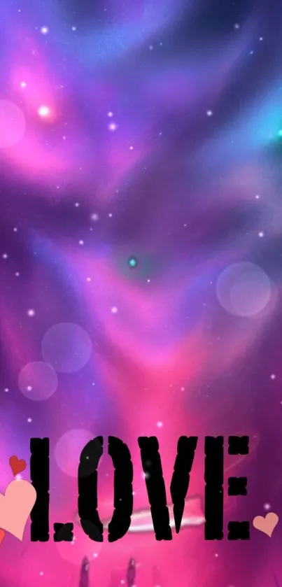 Love-themed galaxy wallpaper with vibrant colors and stars.