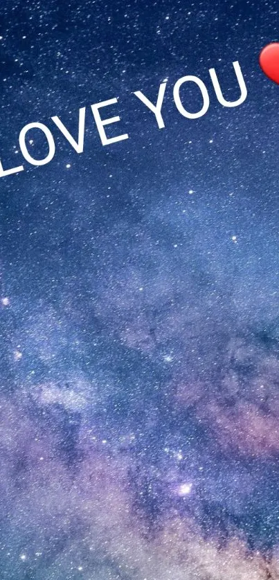 Romantic galaxy wallpaper with 'I Love You' text and heart.