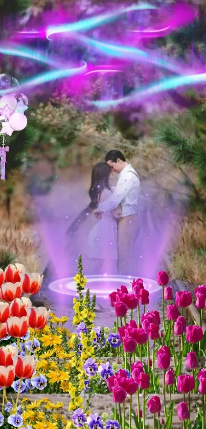 Romantic embrace in a flower garden with mystical purple lights.