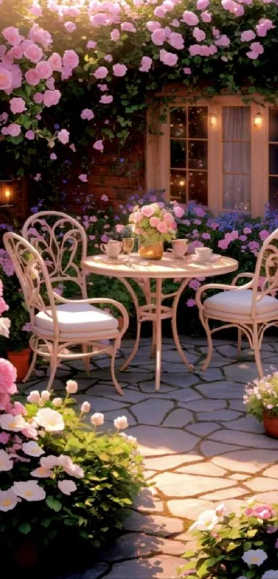 Romantic garden patio with pink roses and vintage chairs.