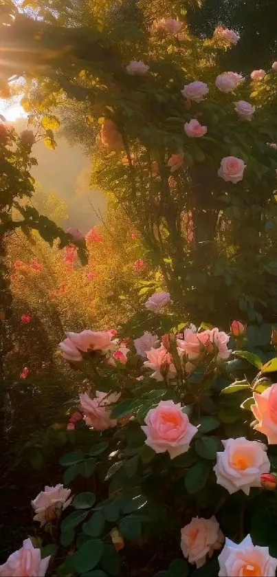 Garden at sunrise with pink roses and lush greenery.